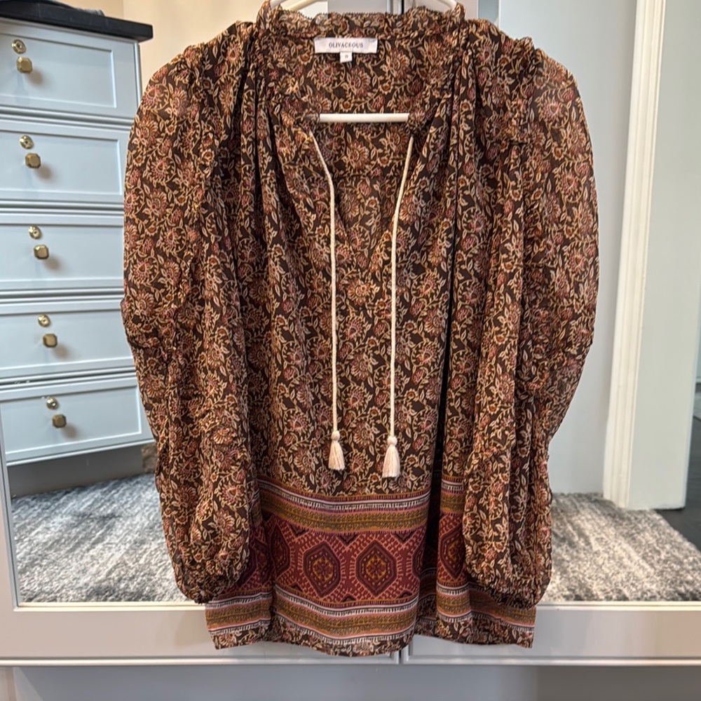 Anthropologie Brown Puff Sleeve V-Neck Blouse